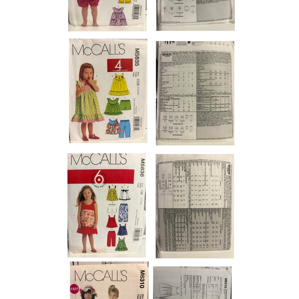 McCall's Kids Matching Sets Sewing Patterns for toddlers